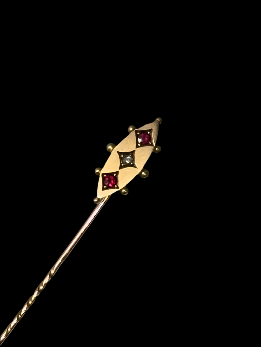 9ct Gold Rose Cut Diamond and Ruby Antique Stick Pin - Late 1800s