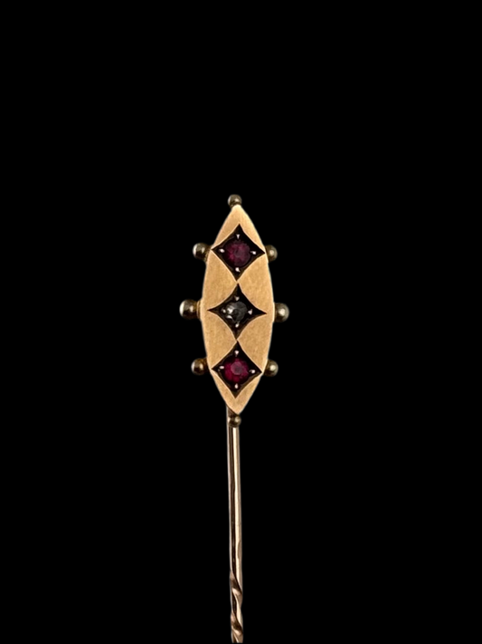 9ct Gold Rose Cut Diamond and Ruby Antique Stick Pin - Late 1800s
