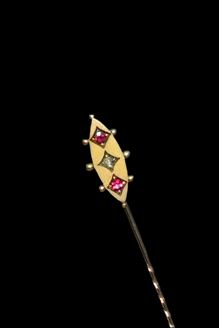 9ct Gold Rose Cut Diamond and Ruby Antique Stick Pin - Late 1800s