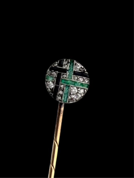 Art Deco Diamond, Onyx, and Emerald Stick Pin - 1920s