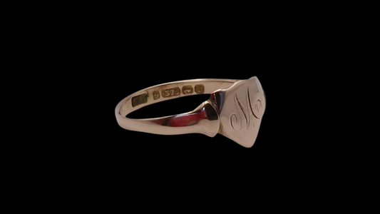 9ct Gold Signet Ring Heart Shape Inscribed With The Letter M