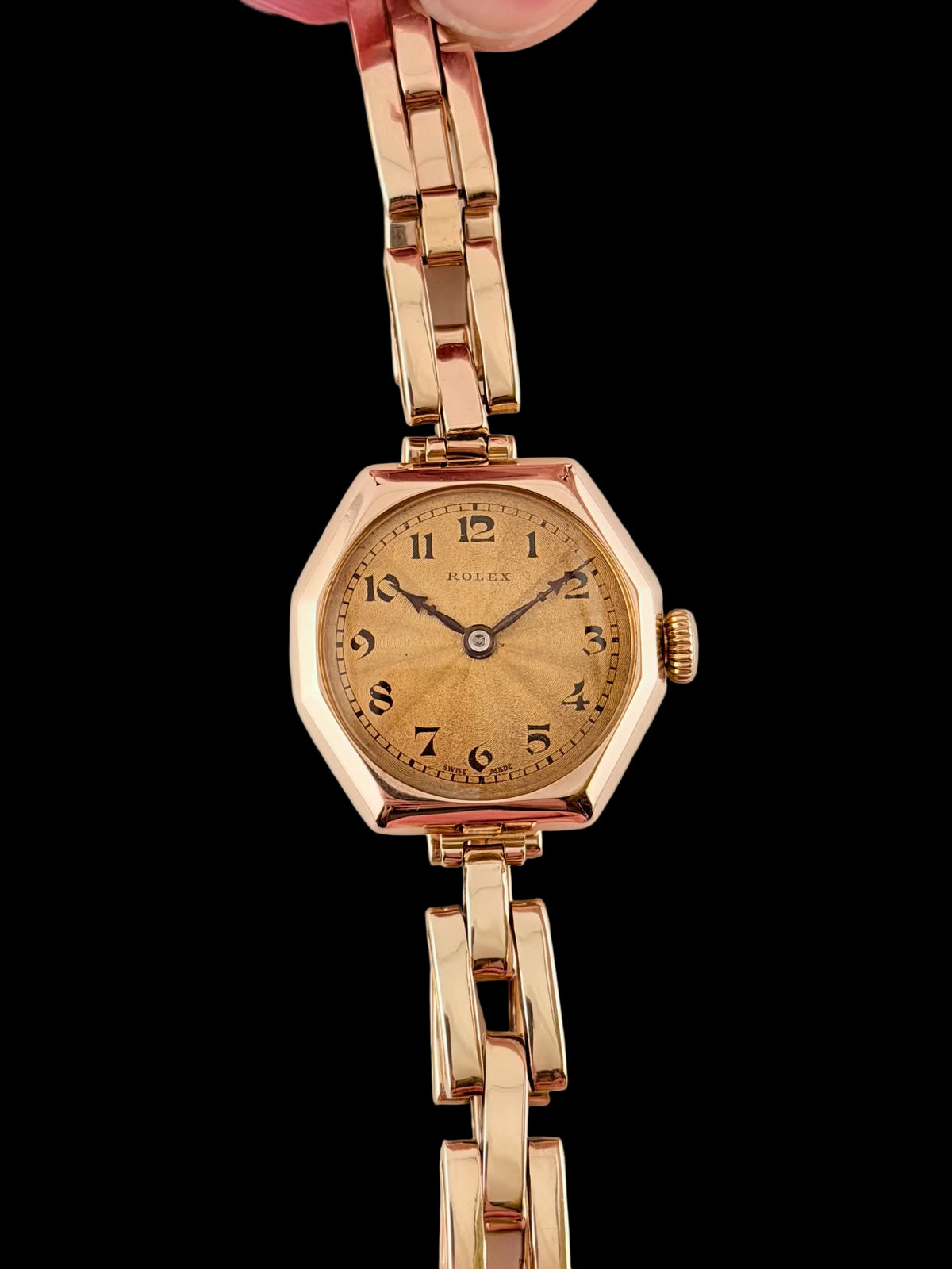Rolex Ladies Cocktail Watch Manual Wind - Rare 1920s - Solid 9ct Gold - Tropical Guilloche Dial