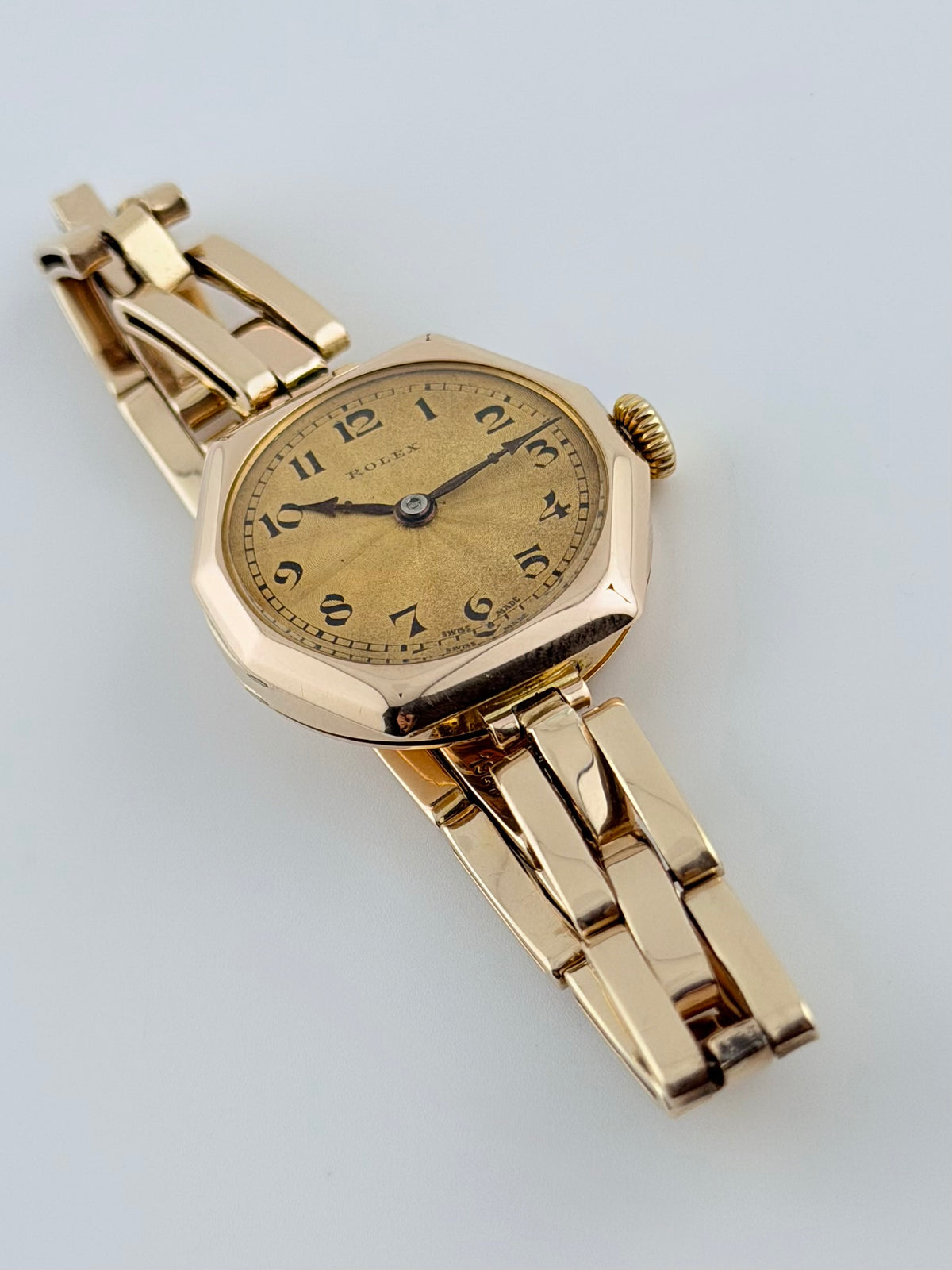 Rolex Ladies Cocktail Watch Manual Wind - Rare 1920s - Solid 9ct Gold - Tropical Guilloche Dial
