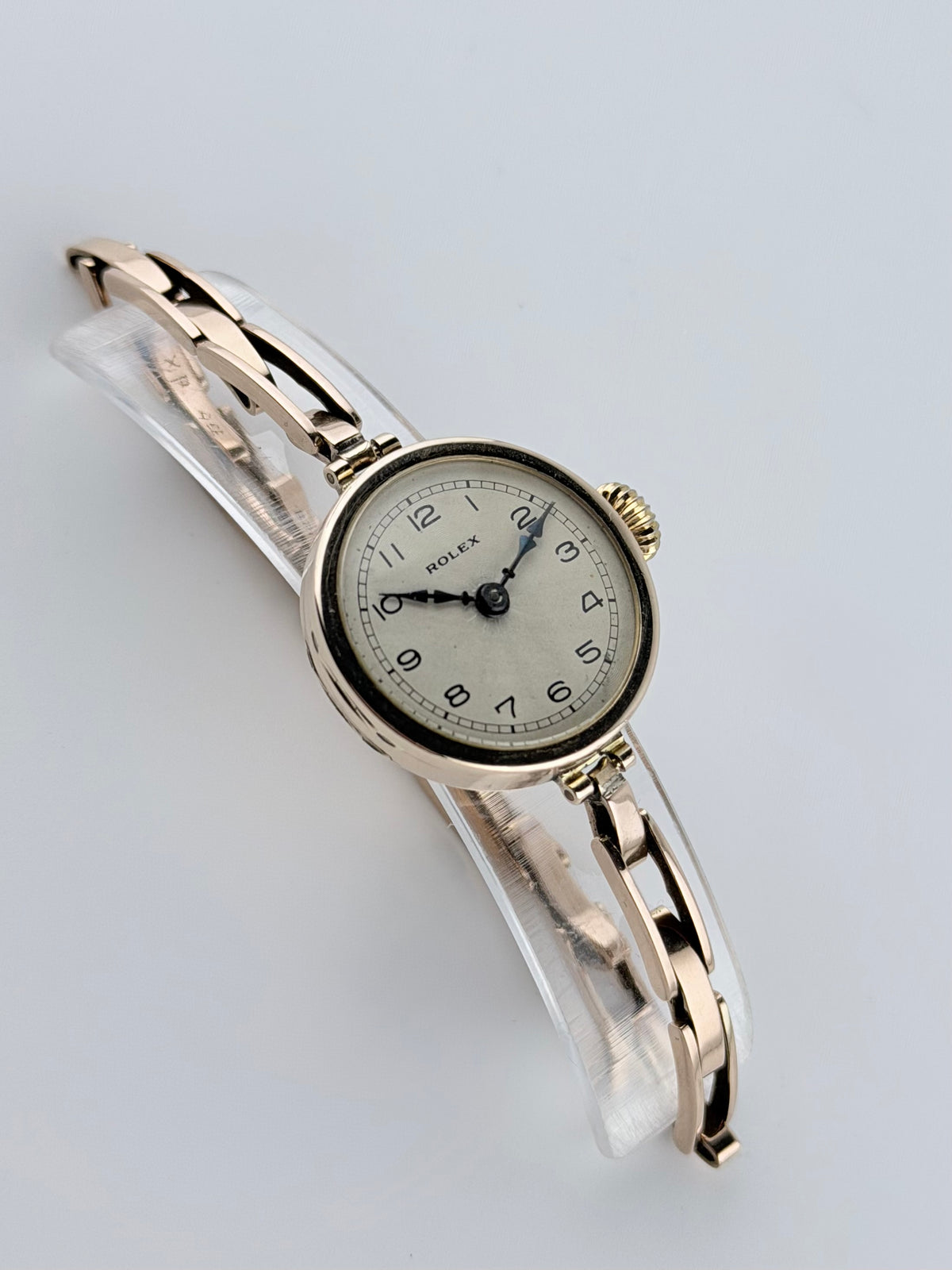 Rolex Ladies Cocktail Watch Manual Wind - 1920s - 9ct Rose Gold - Britannic Bracelet - Silver Guilloche Dial