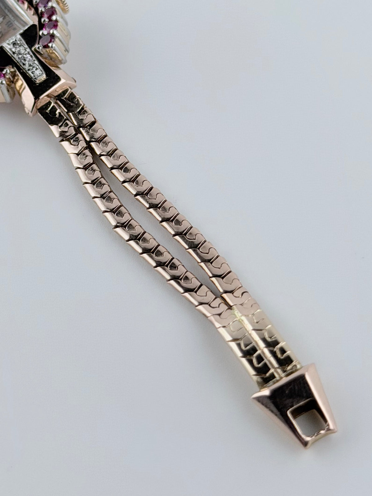 Luston Ladies Cocktail Jewellery Watch - 1940s - Manual Wind - 14K Rose Gold - Rubies and Diamonds - with Box