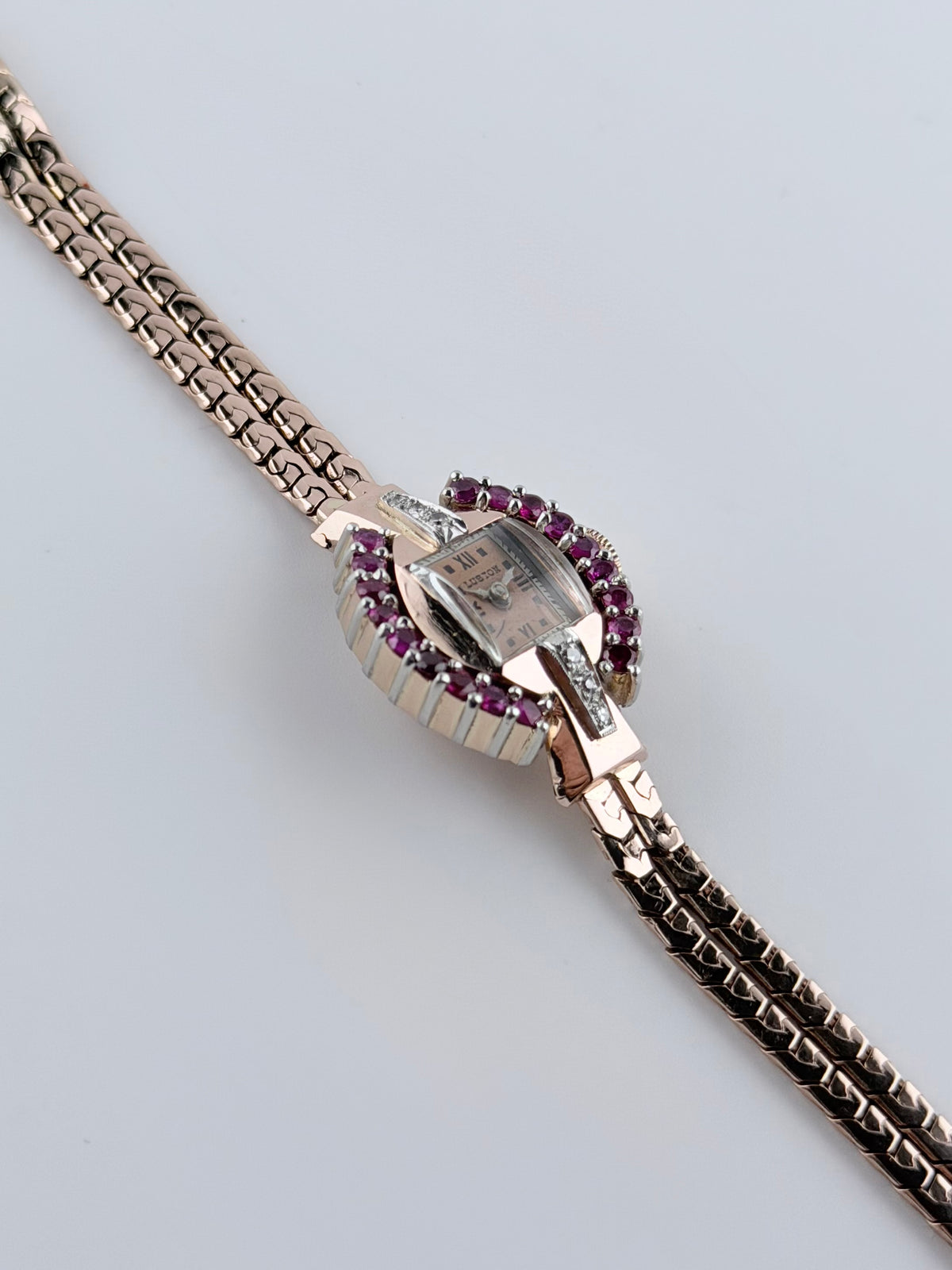 Luston Ladies Cocktail Jewellery Watch - 1940s - Manual Wind - 14K Rose Gold - Rubies and Diamonds - with Box
