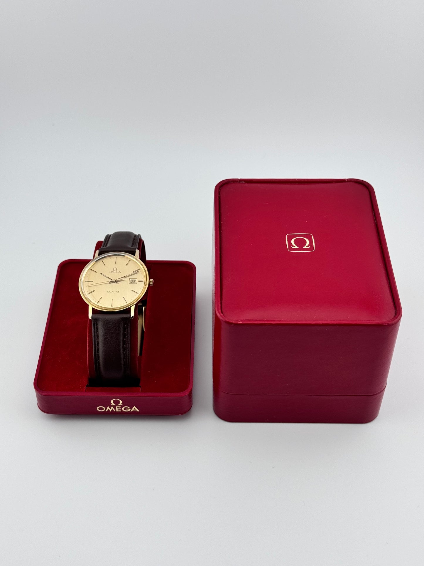 Omega Quartz Date 9ct Solid Gold - Original Box and Hang Tag