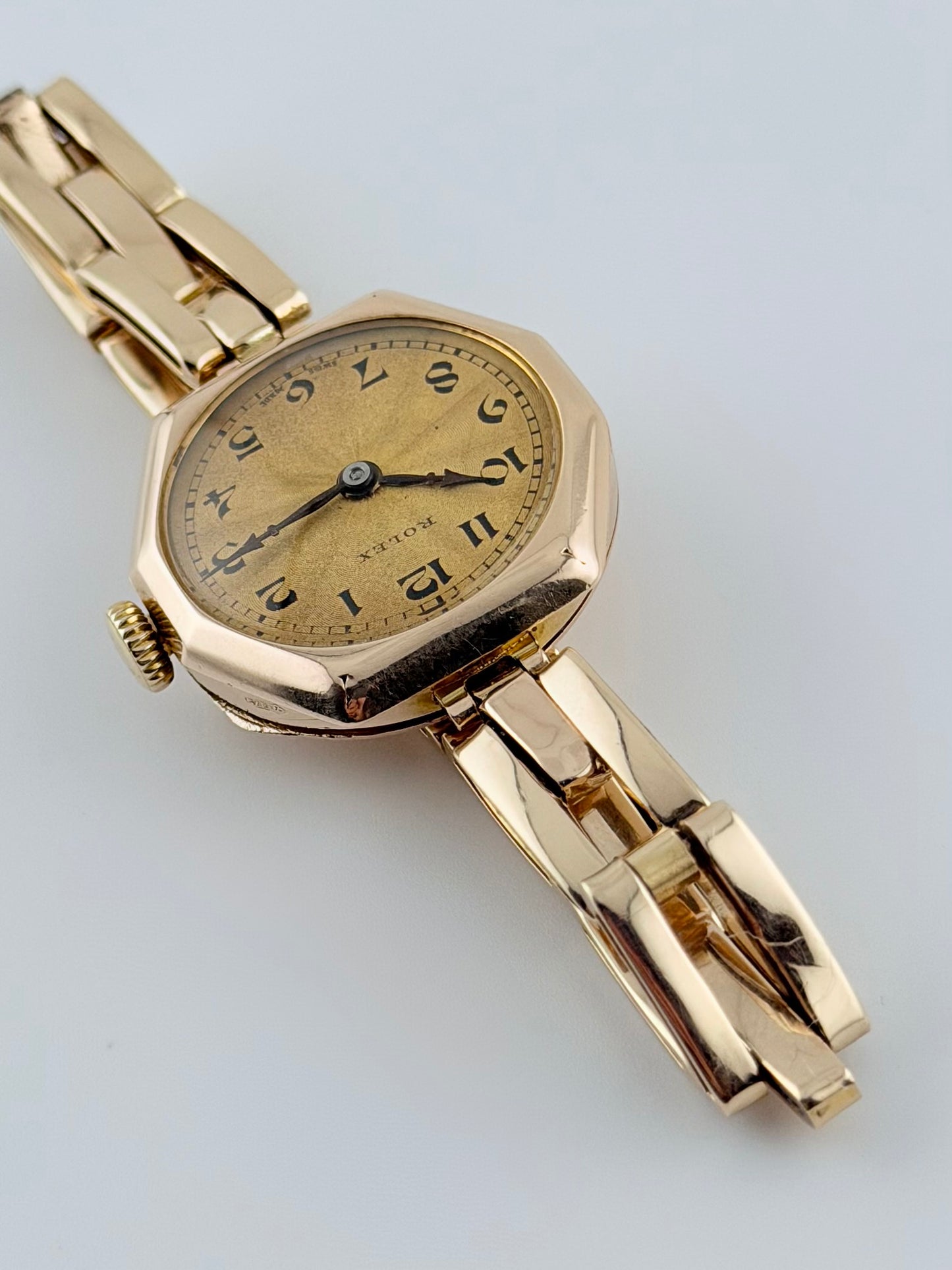 Rolex Ladies Cocktail Watch Manual Wind - Rare 1920s - Solid 9ct Gold - Tropical Guilloche Dial