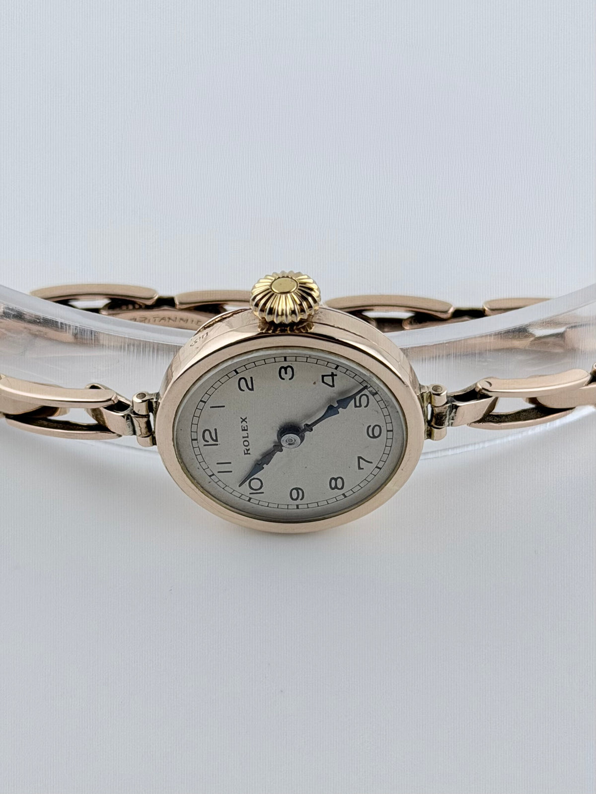 Rolex Ladies Cocktail Watch Manual Wind - 1920s - 9ct Rose Gold - Britannic Bracelet - Silver Guilloche Dial