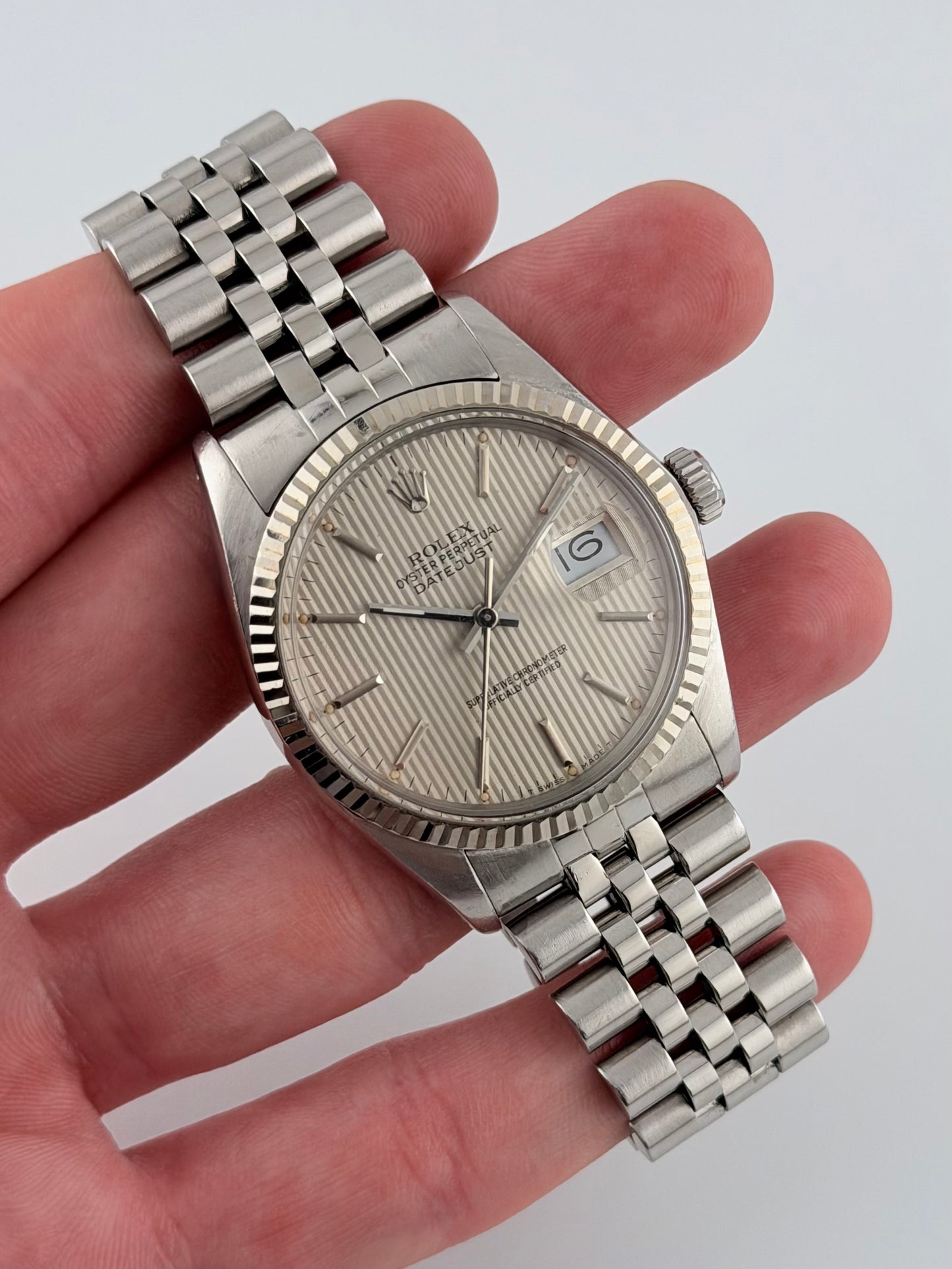 Rolex Datejust Oyster Perpetual - 16014 - White Gold Bezel - Tapestry Dial - Original Box