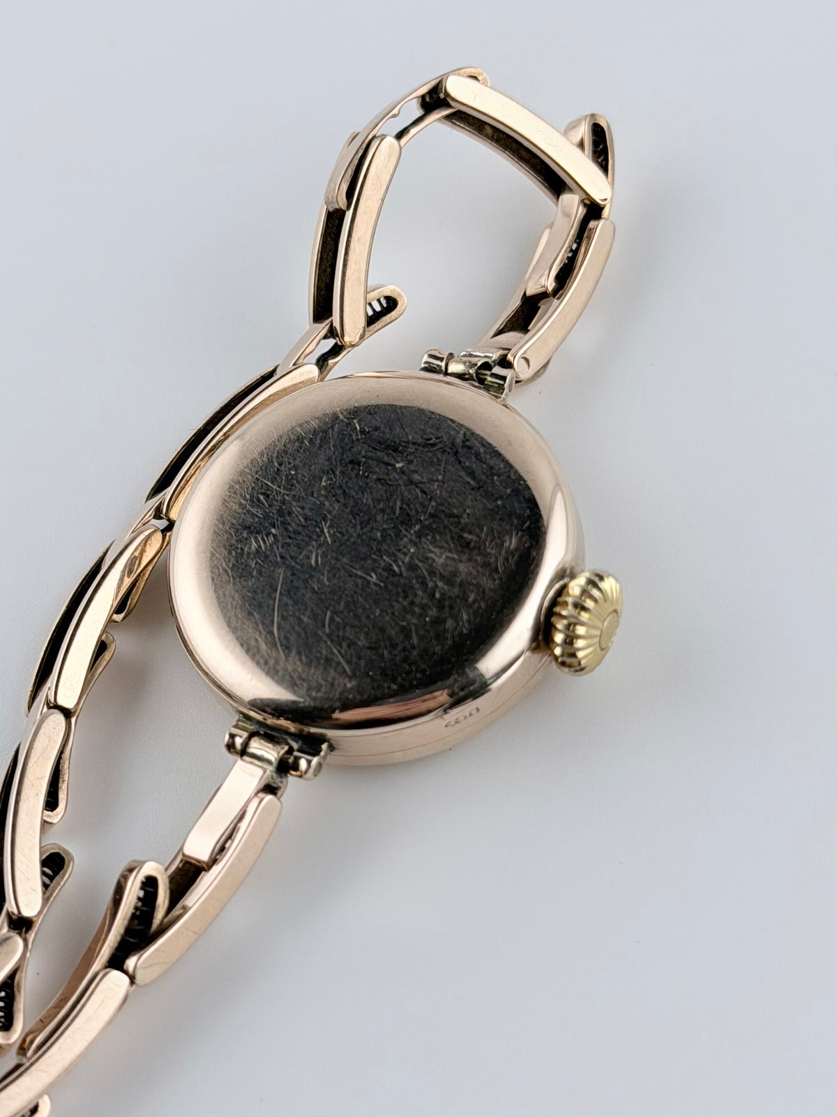 Rolex Ladies Cocktail Watch Manual Wind - 1920s - 9ct Rose Gold - Britannic Bracelet - Silver Guilloche Dial