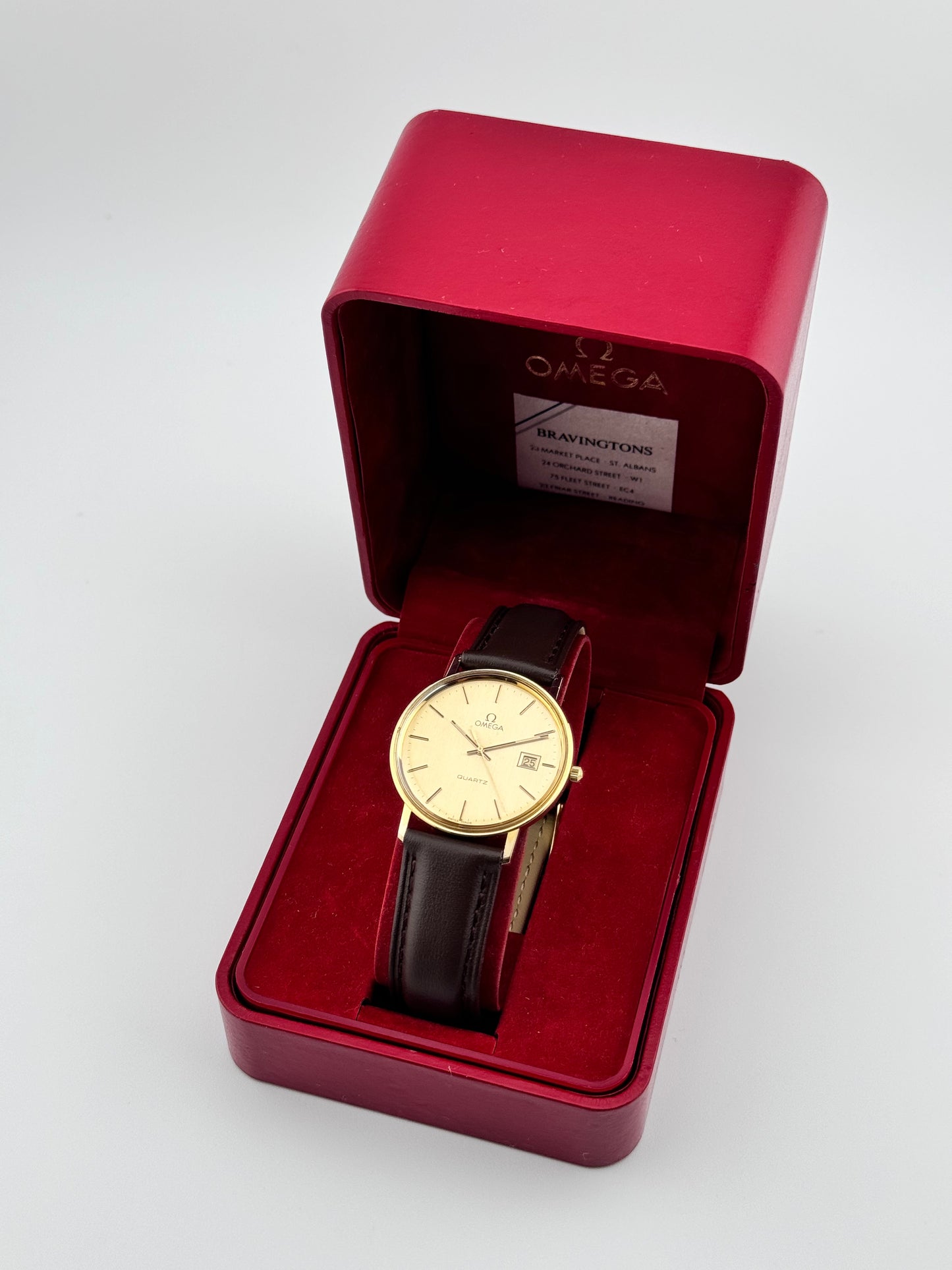 Omega Quartz Date 9ct Solid Gold - Original Box and Hang Tag