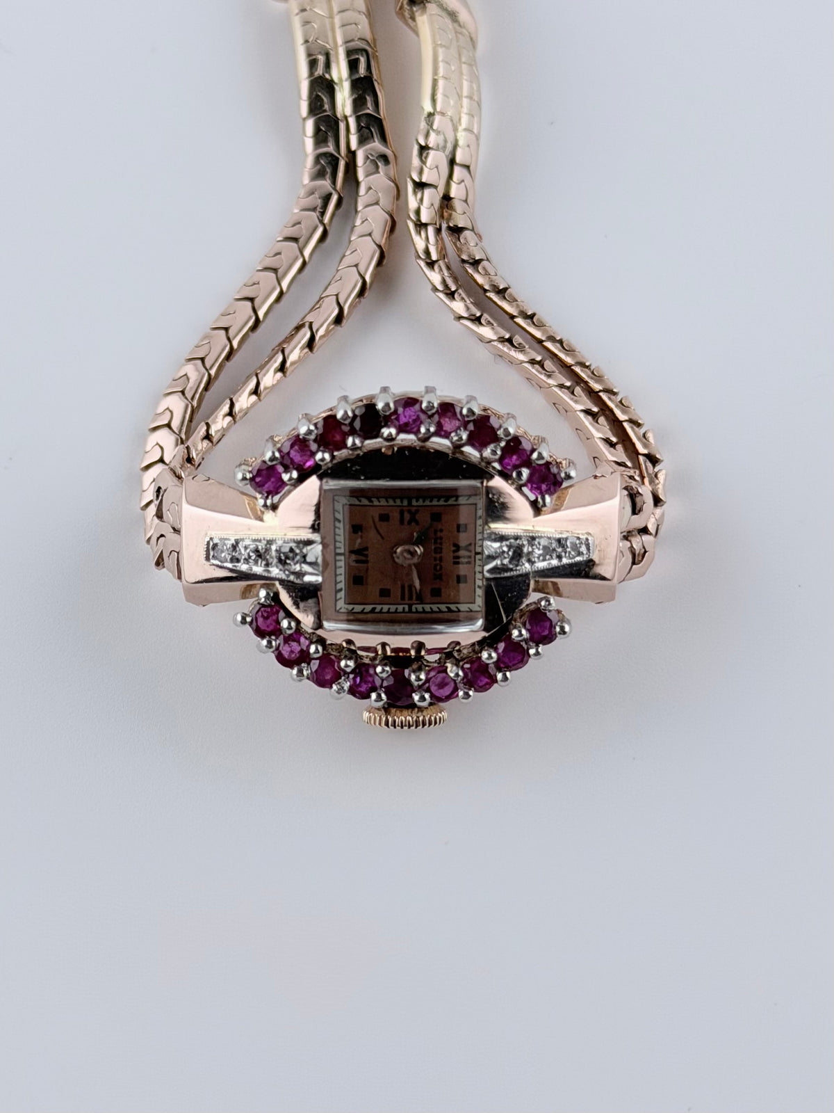 Luston Ladies Cocktail Jewellery Watch - 1940s - Manual Wind - 14K Rose Gold - Rubies and Diamonds - with Box