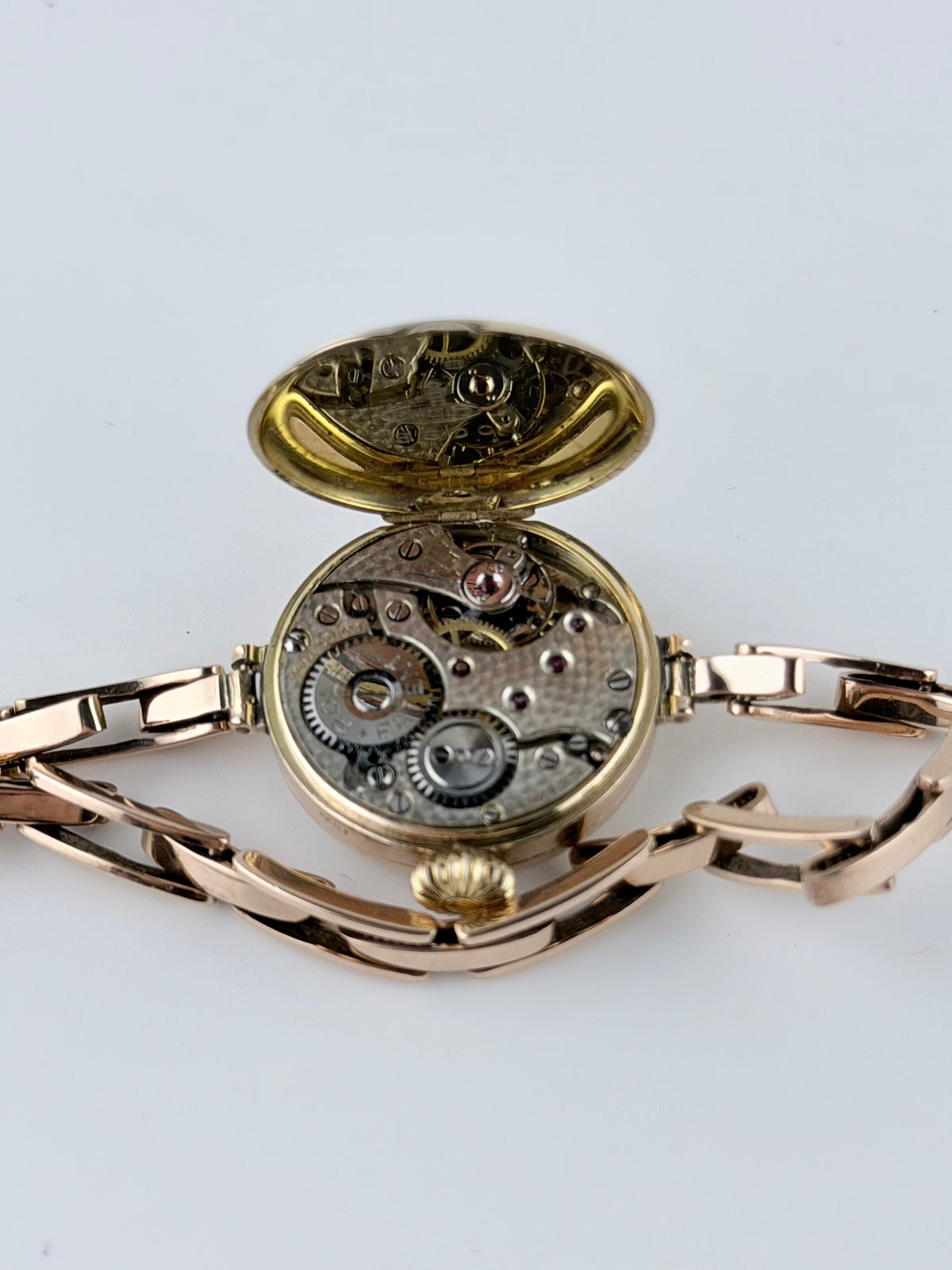 Rolex Ladies Cocktail Watch Manual Wind - 1920s - 9ct Rose Gold - Britannic Bracelet - Silver Guilloche Dial