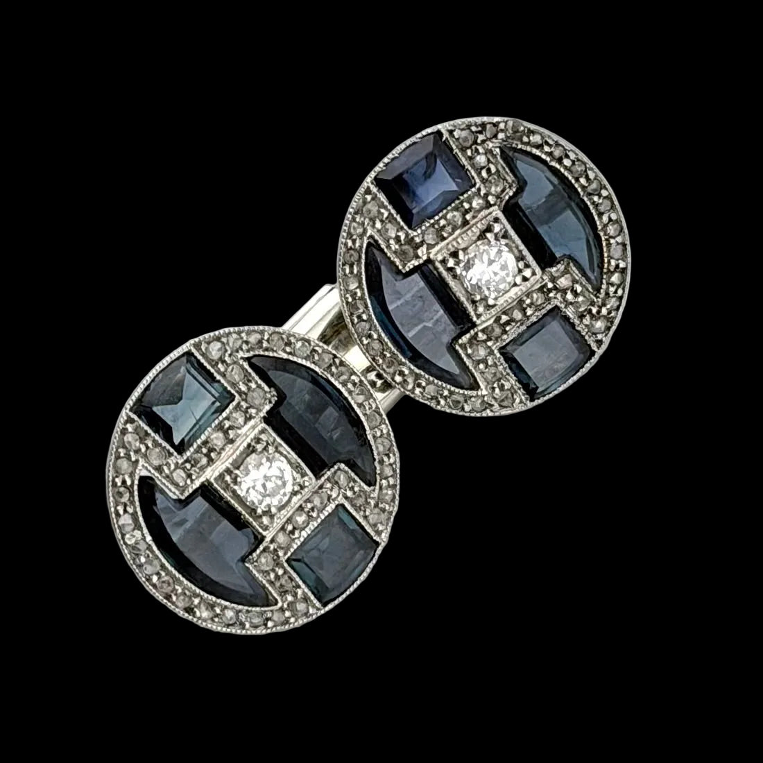 1920s Antique Art Deco Diamond and Sapphire Cufflinks - Platinum & White Gold