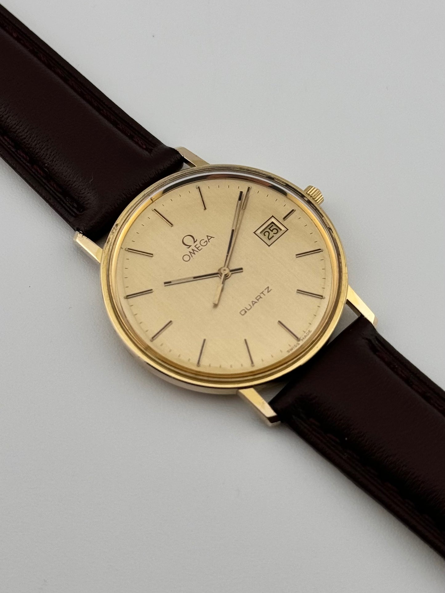 Omega Quartz Date 9ct Solid Gold - Original Box and Hang Tag