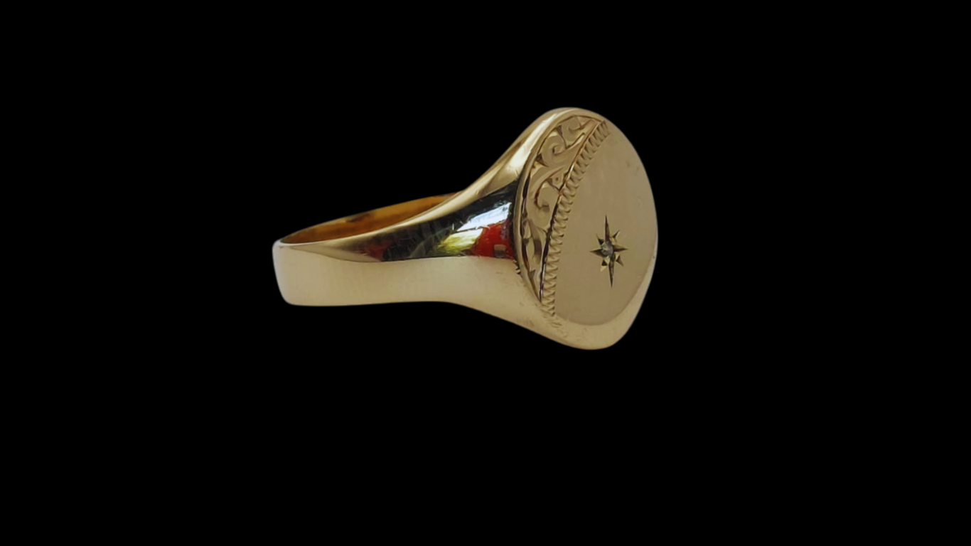 9ct Gold Engraved Signet Ring With A Diamond