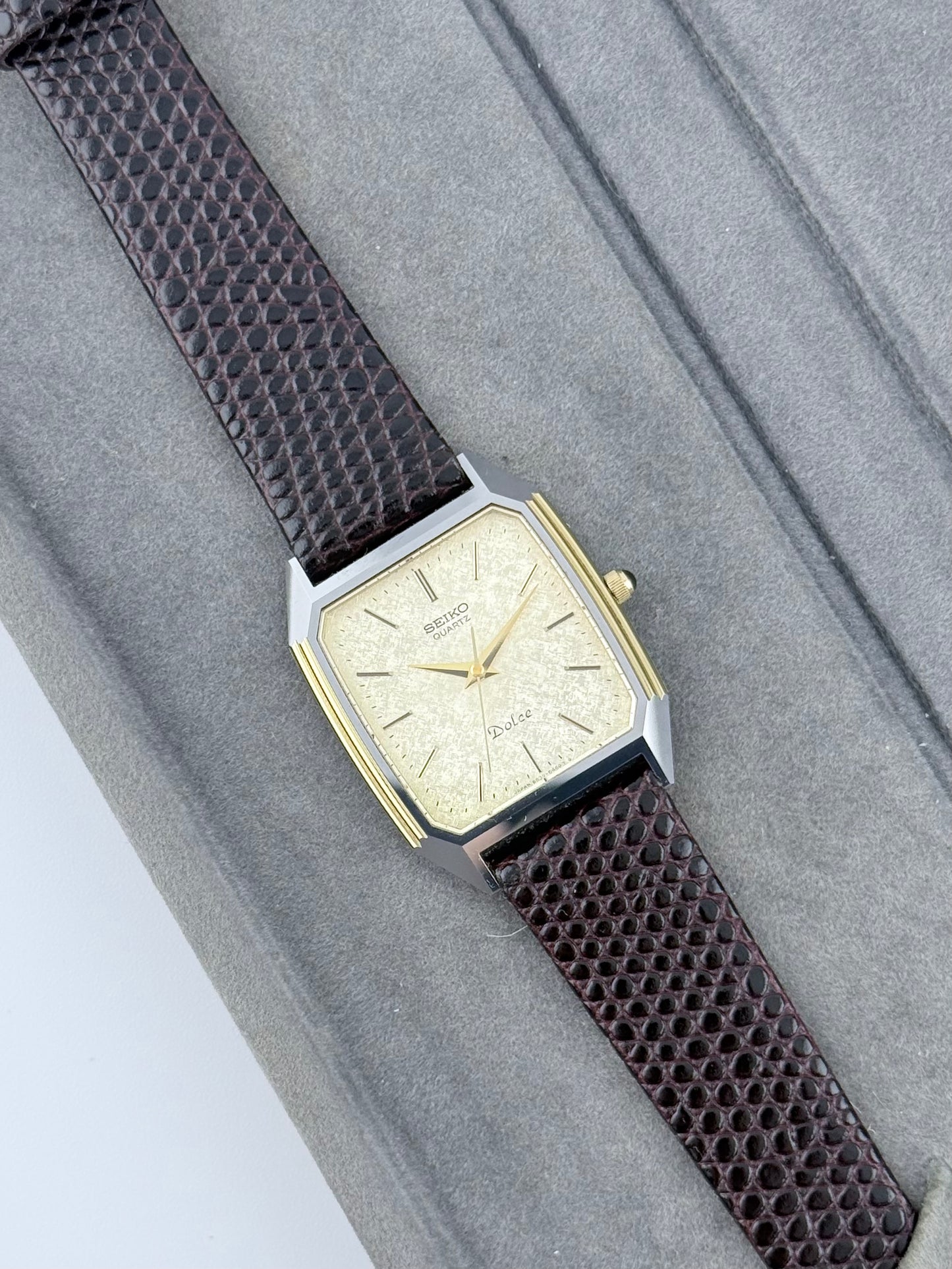 Seiko Dolce Tank Quartz - 6030-5390 Rare Silk Embossed Dial - Original Box