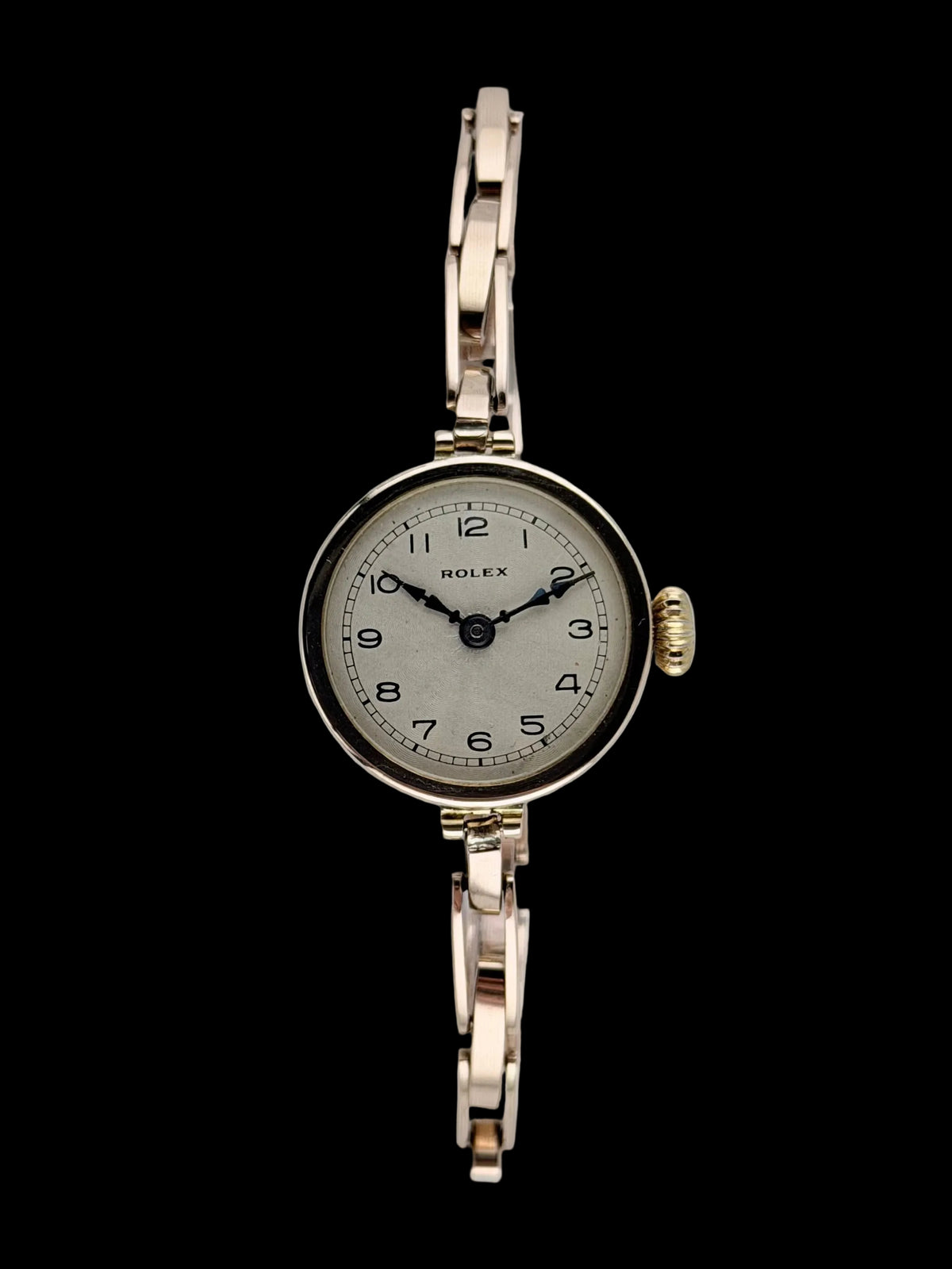 Rolex Ladies Cocktail Watch Manual Wind - 1920s - 9ct Rose Gold - Britannic Bracelet - Silver Guilloche Dial
