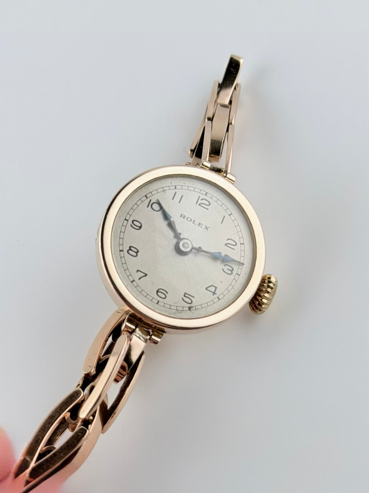 Rolex Ladies Cocktail Watch Manual Wind - 1920s - 9ct Rose Gold - Britannic Bracelet - Silver Guilloche Dial
