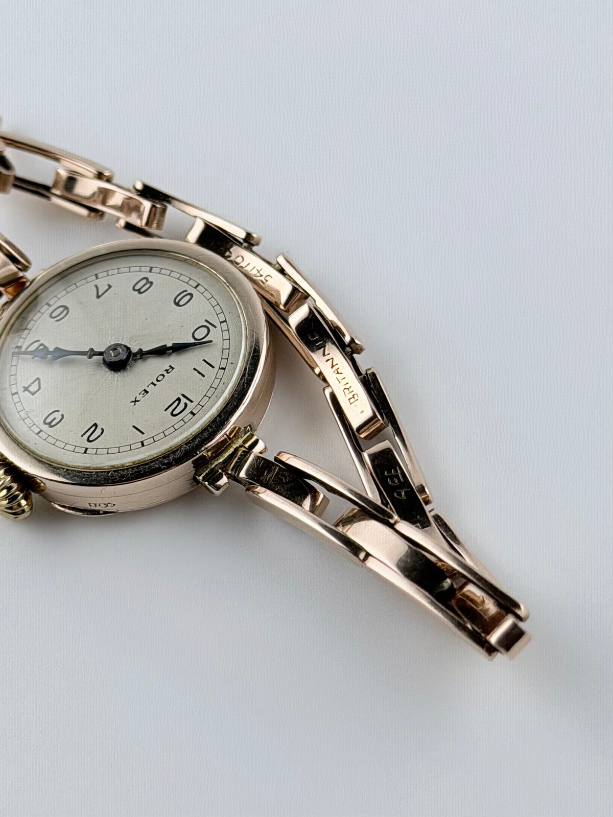 Rolex Ladies Cocktail Watch Manual Wind - 1920s - 9ct Rose Gold - Britannic Bracelet - Silver Guilloche Dial