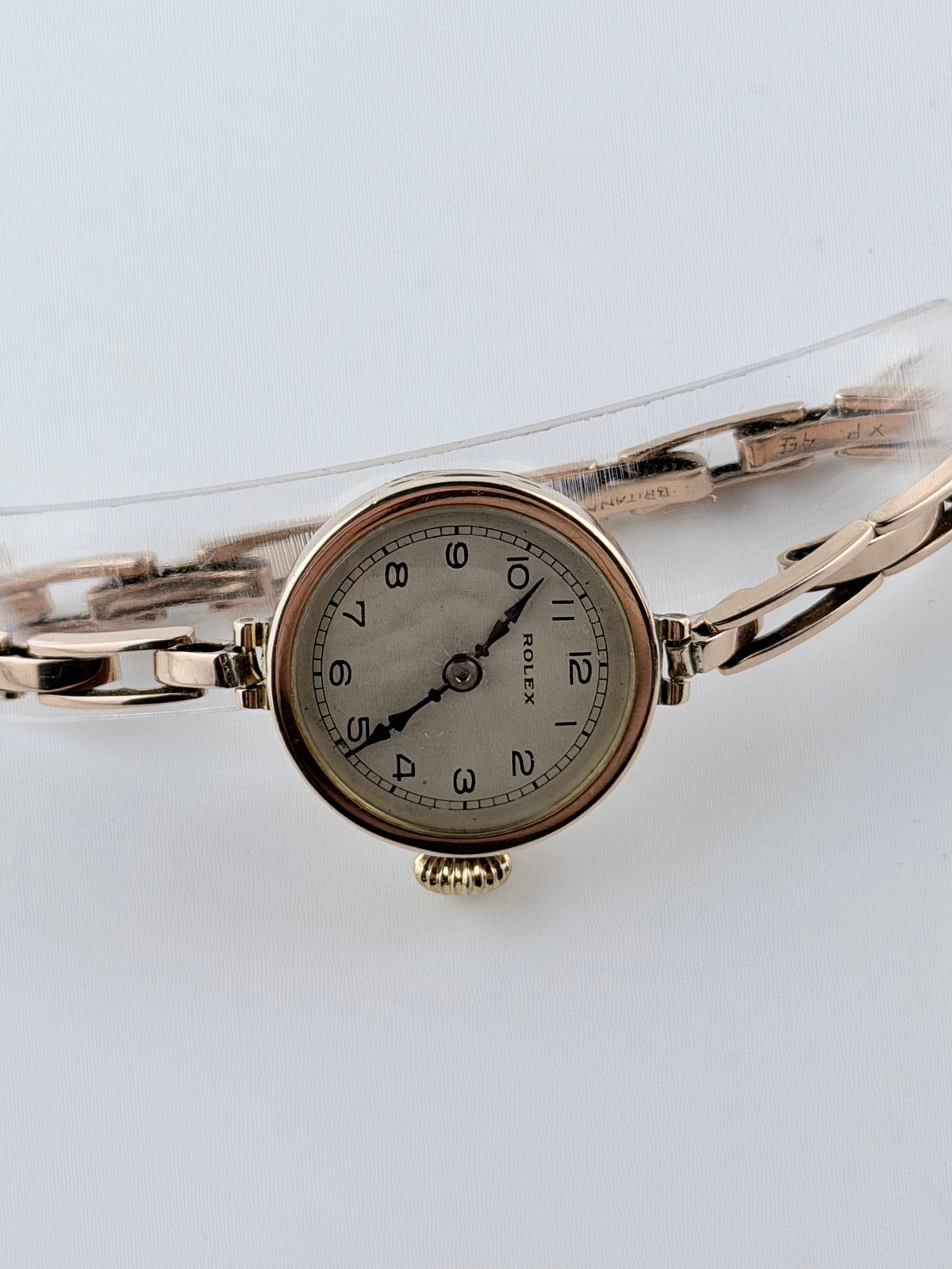 Rolex Ladies Cocktail Watch Manual Wind - 1920s - 9ct Rose Gold - Britannic Bracelet - Silver Guilloche Dial