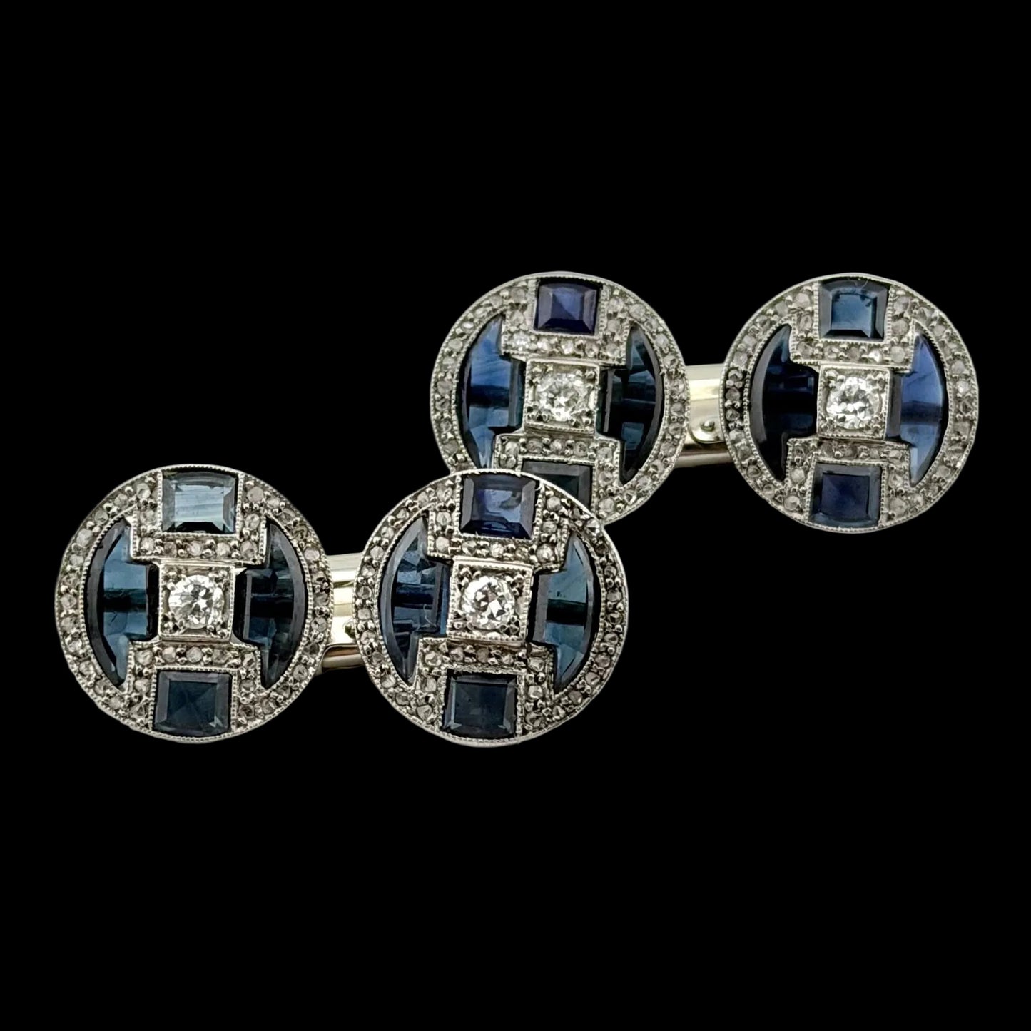 1920s Antique Art Deco Diamond and Sapphire Cufflinks - Platinum & White Gold