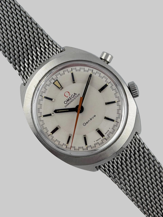 Omega Geneve Chronostop Manual Wind 145.009 - Original Bracelet - Ultra rare white dial!!