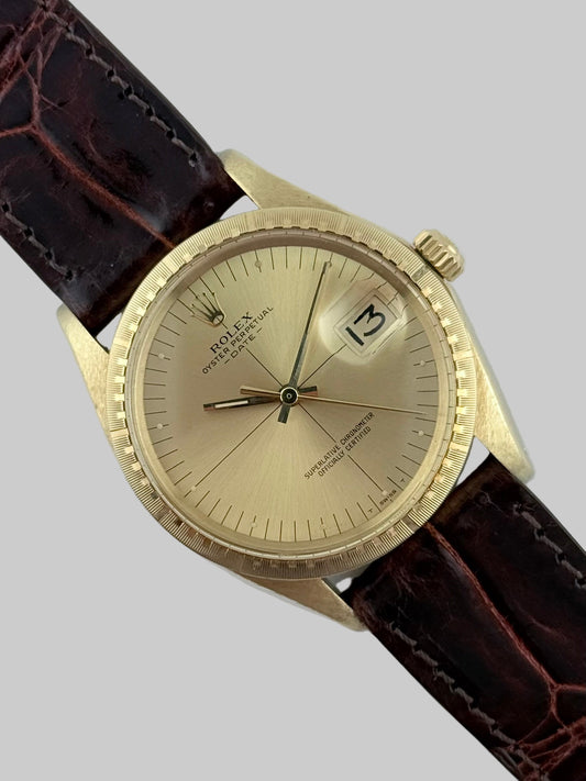 Rolex Oyster Perpetual Date Automatic - 1512 - Zephyr Dial - Solid 14ct Gold - Box and Papers
