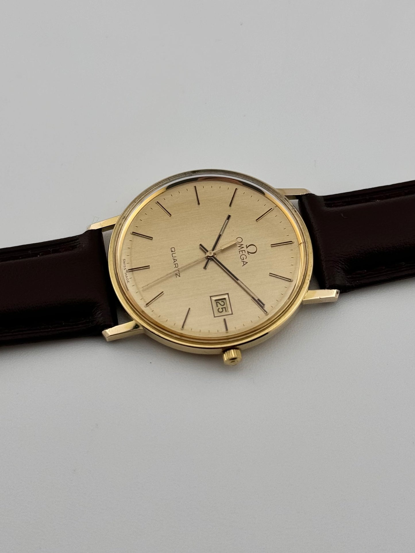 Omega Quartz Date 9ct Solid Gold - Original Box and Hang Tag