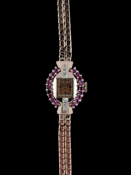 Luston Ladies Cocktail Jewellery Watch - 1940s - Manual Wind - 14K Rose Gold - Rubies and Diamonds - with Box