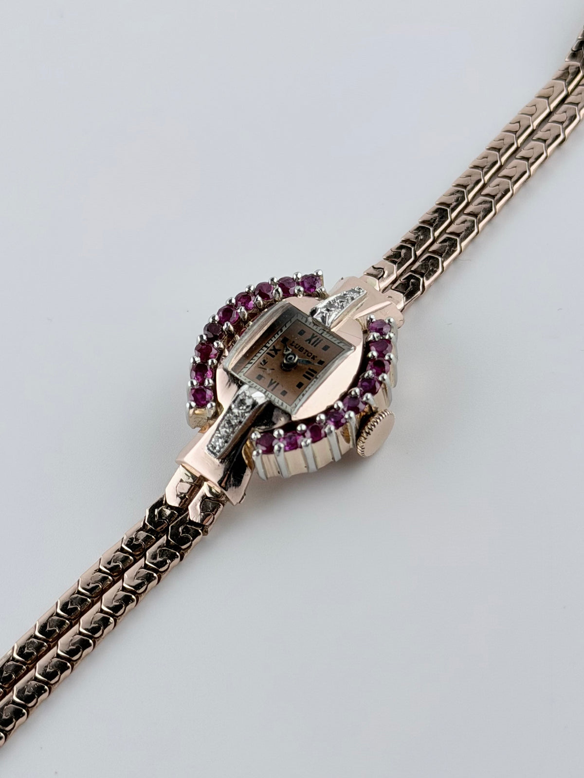 Luston Ladies Cocktail Jewellery Watch - 1940s - Manual Wind - 14K Rose Gold - Rubies and Diamonds - with Box
