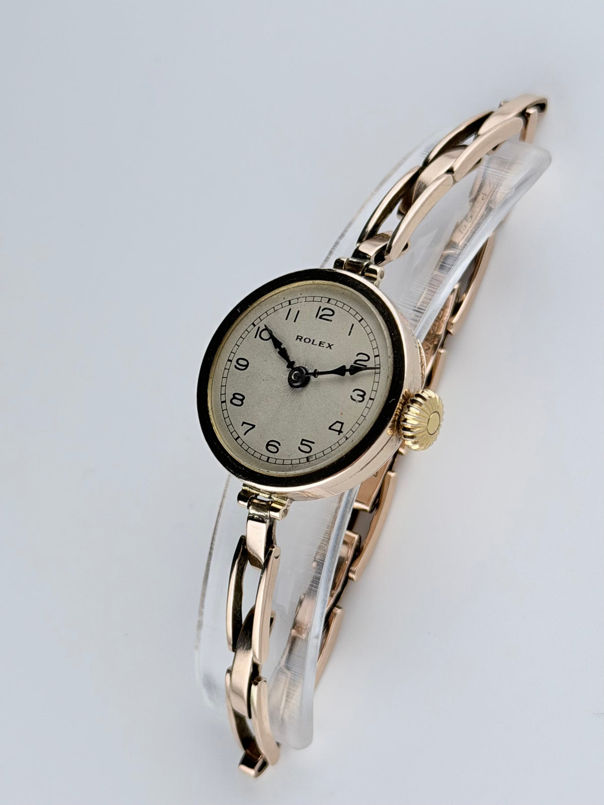 Rolex Ladies Cocktail Watch Manual Wind - 1920s - 9ct Rose Gold - Britannic Bracelet - Silver Guilloche Dial