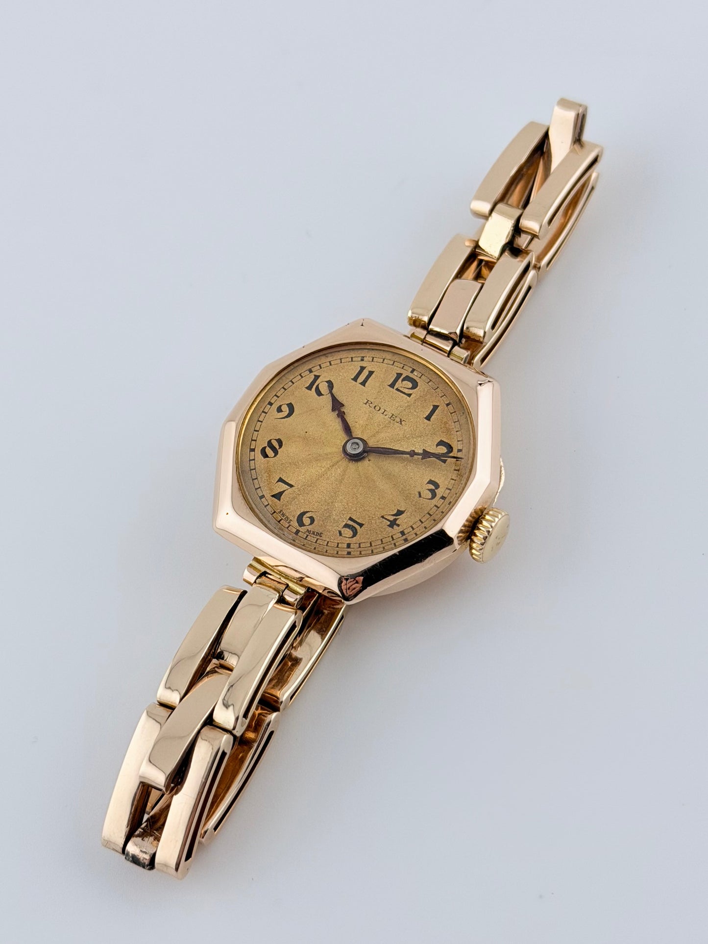 Rolex Ladies Cocktail Watch Manual Wind - Rare 1920s - Solid 9ct Gold - Tropical Guilloche Dial