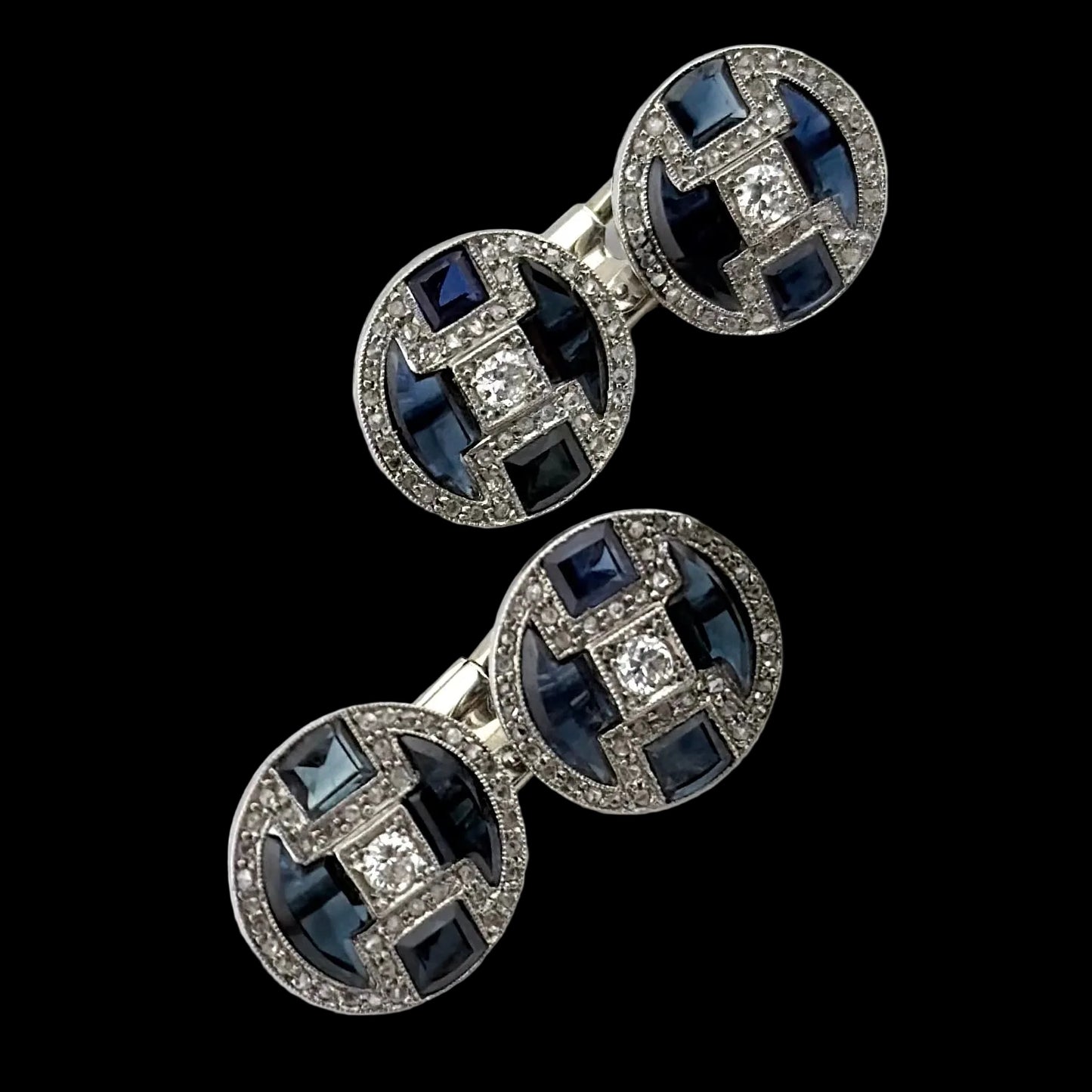 1920s Antique Art Deco Diamond and Sapphire Cufflinks - Platinum & White Gold