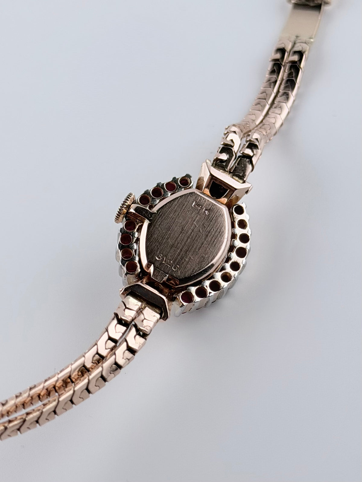 Luston Ladies Cocktail Jewellery Watch - 1940s - Manual Wind - 14K Rose Gold - Rubies and Diamonds - with Box