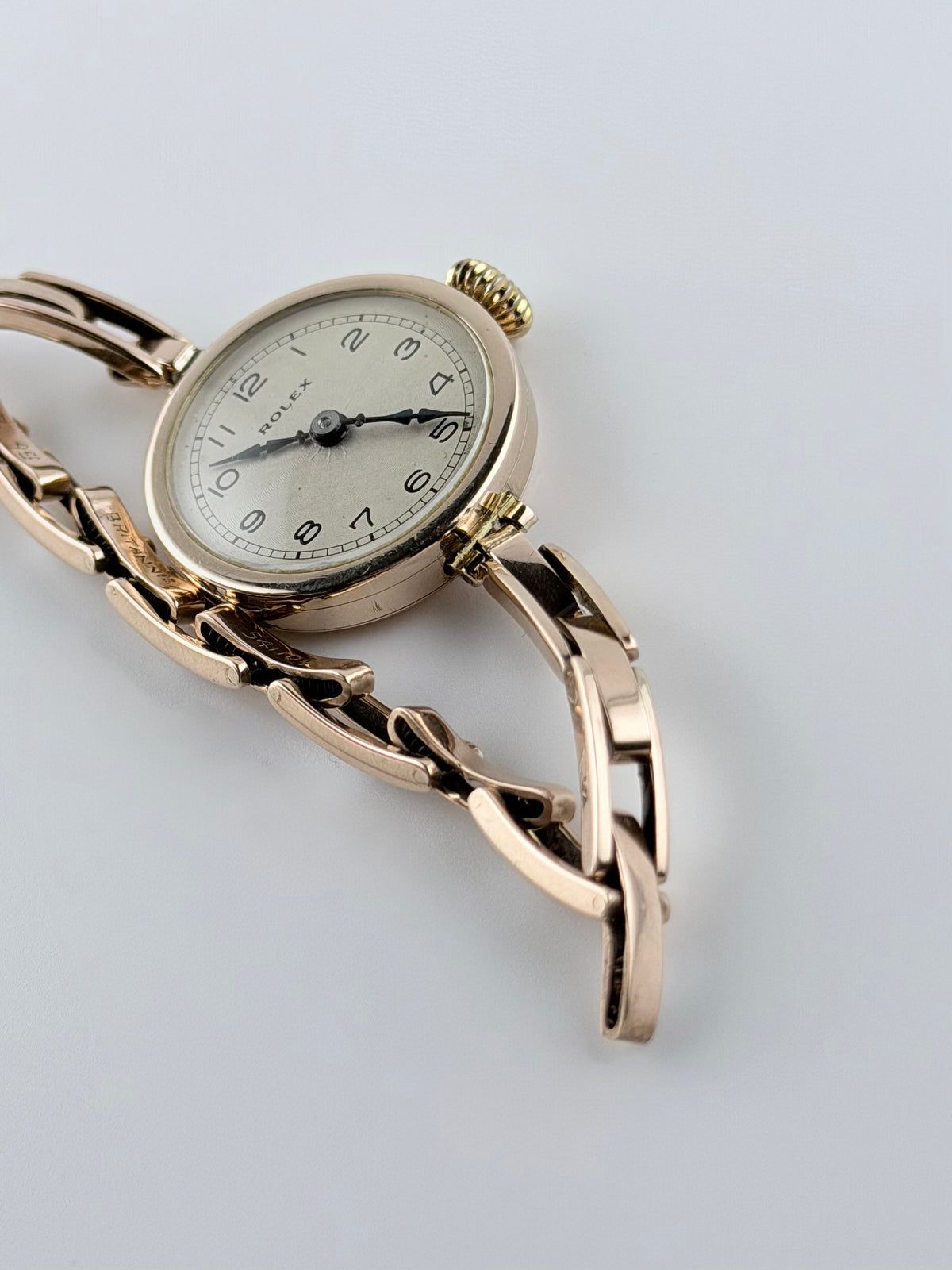 Rolex Ladies Cocktail Watch Manual Wind - 1920s - 9ct Rose Gold - Britannic Bracelet - Silver Guilloche Dial