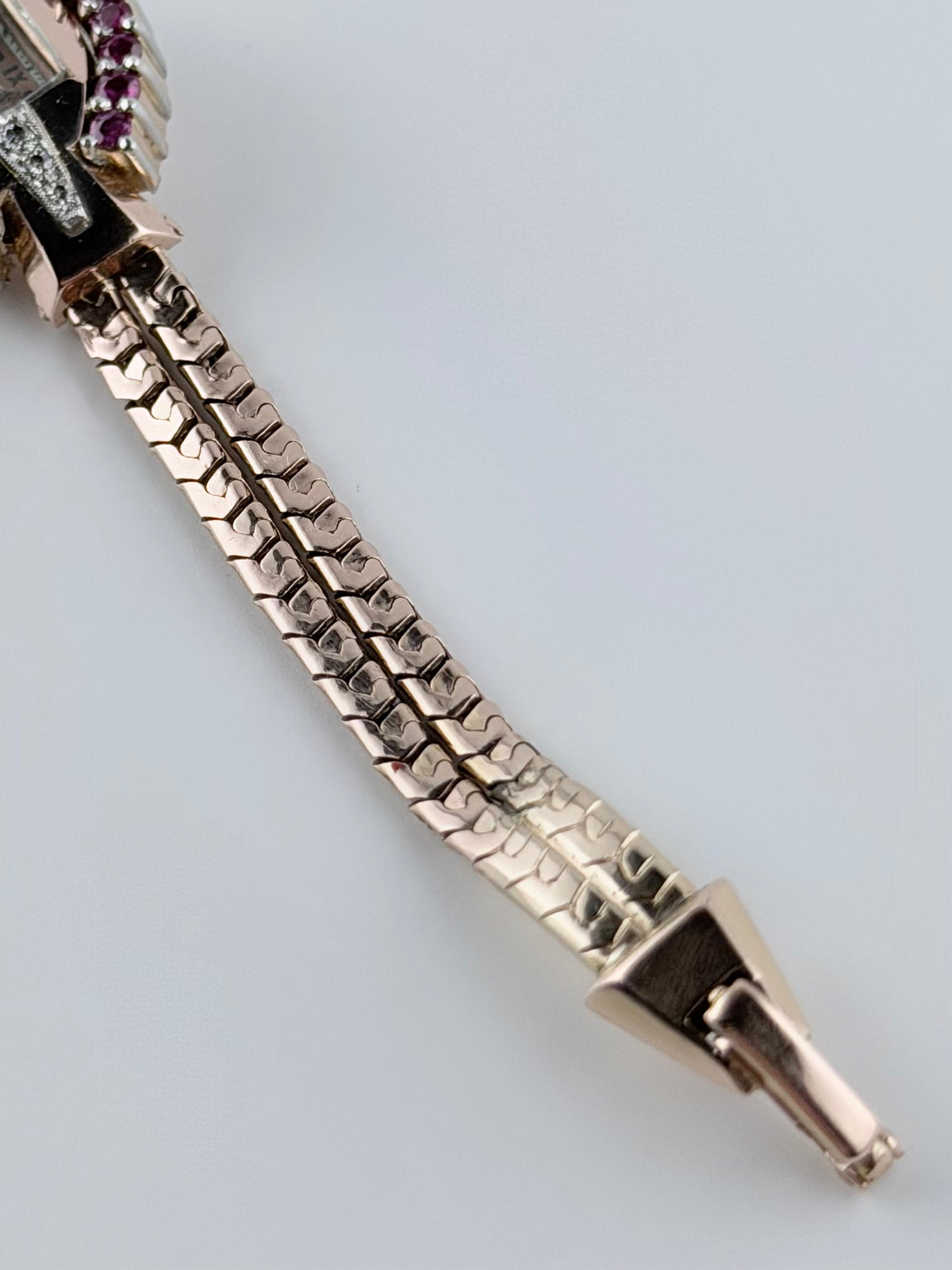 Luston Ladies Cocktail Jewellery Watch - 1940s - Manual Wind - 14K Rose Gold - Rubies and Diamonds - with Box