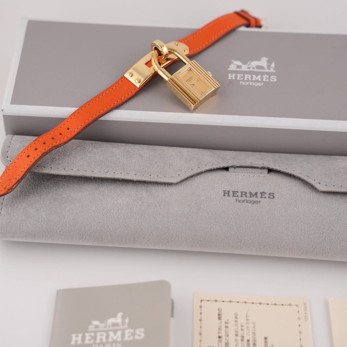 Hermes Paris Kelly Lock Watch - Gold/Orange - Full Set!