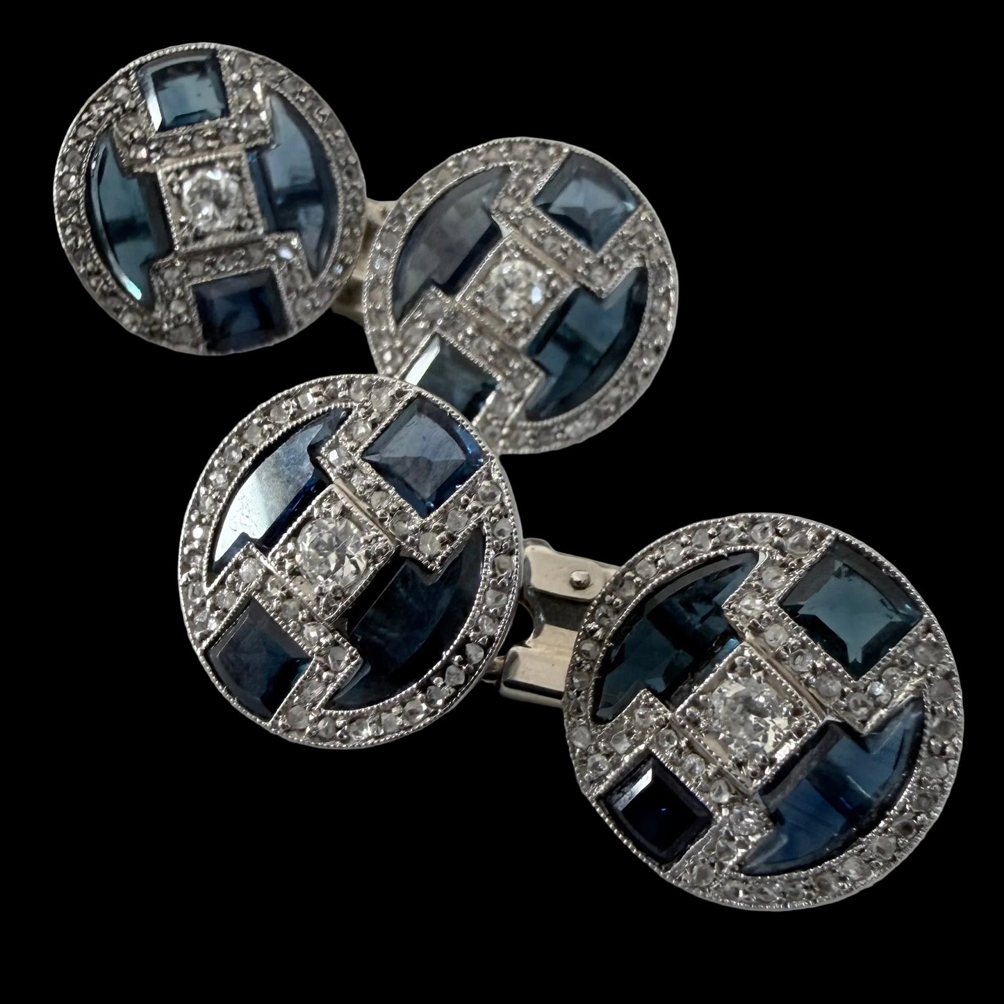 1920s Antique Art Deco Diamond and Sapphire Cufflinks - Platinum & White Gold