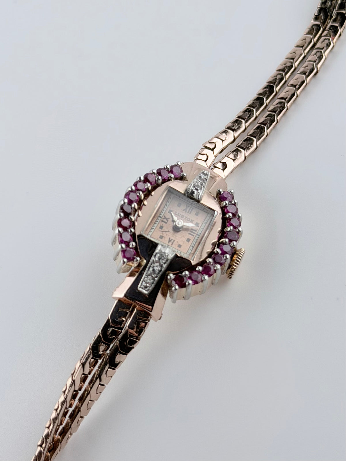 Luston Ladies Cocktail Jewellery Watch - 1940s - Manual Wind - 14K Rose Gold - Rubies and Diamonds - with Box