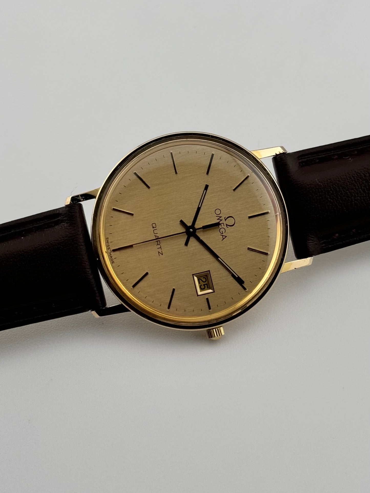 Omega Quartz Date 9ct Solid Gold - Original Box and Hang Tag