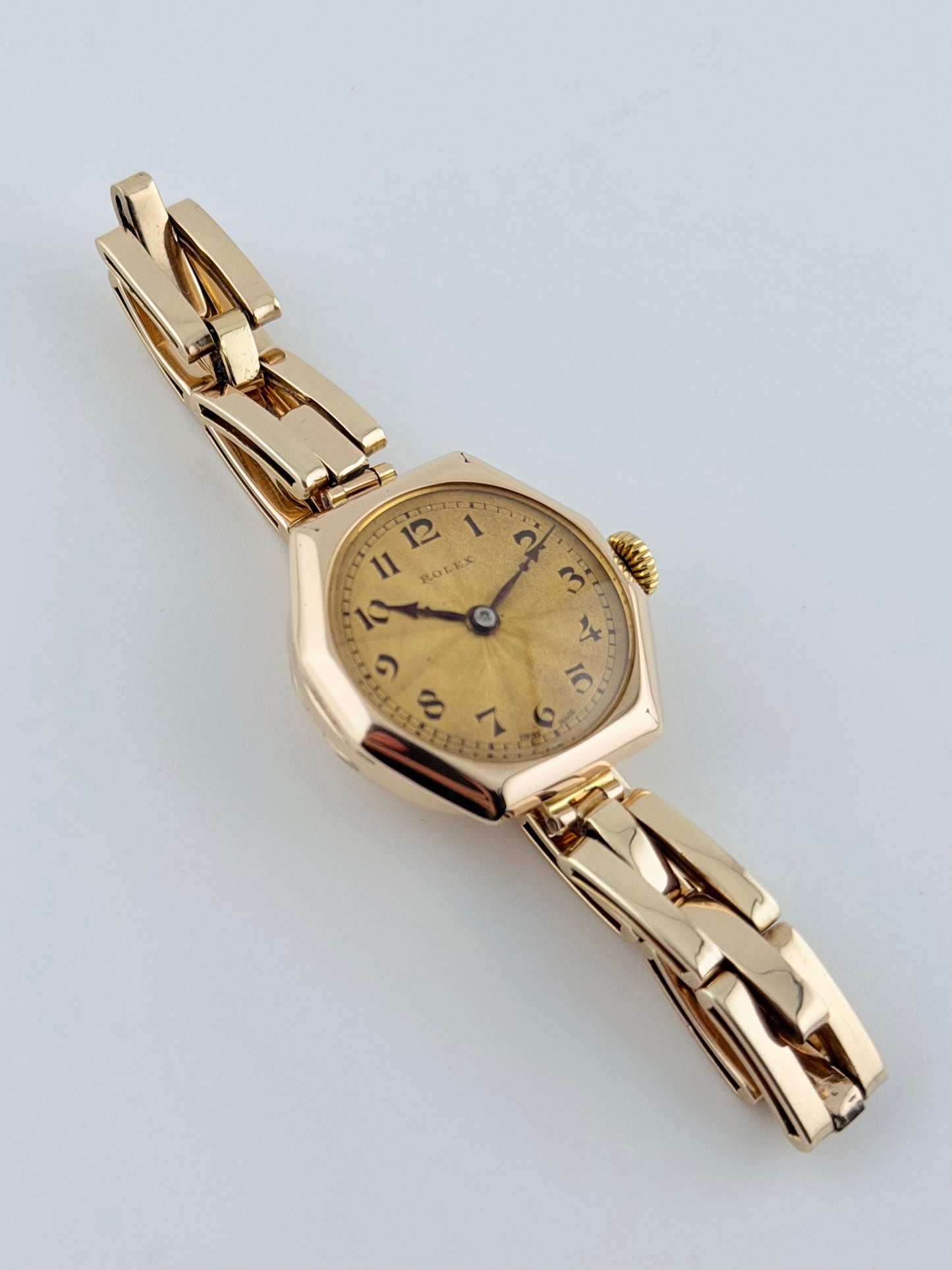 Rolex Ladies Cocktail Watch Manual Wind - Rare 1920s - Solid 9ct Gold - Tropical Guilloche Dial