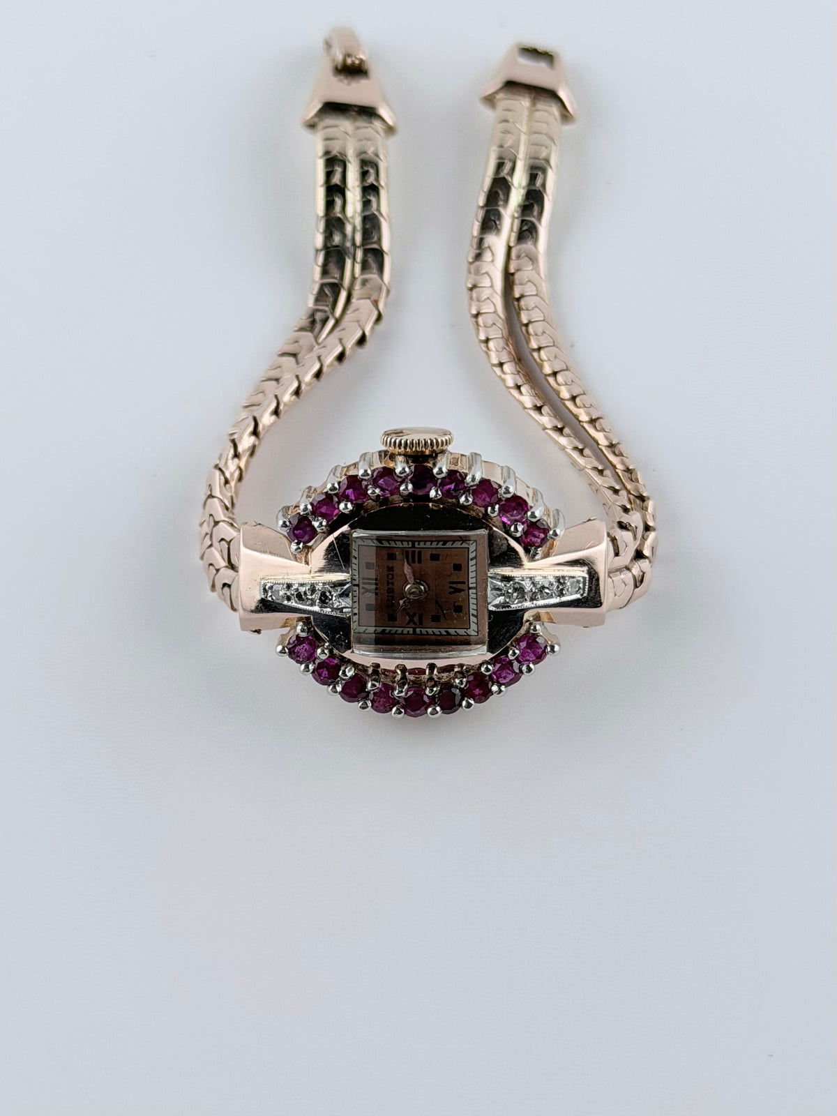 Luston Ladies Cocktail Jewellery Watch - 1940s - Manual Wind - 14K Rose Gold - Rubies and Diamonds - with Box